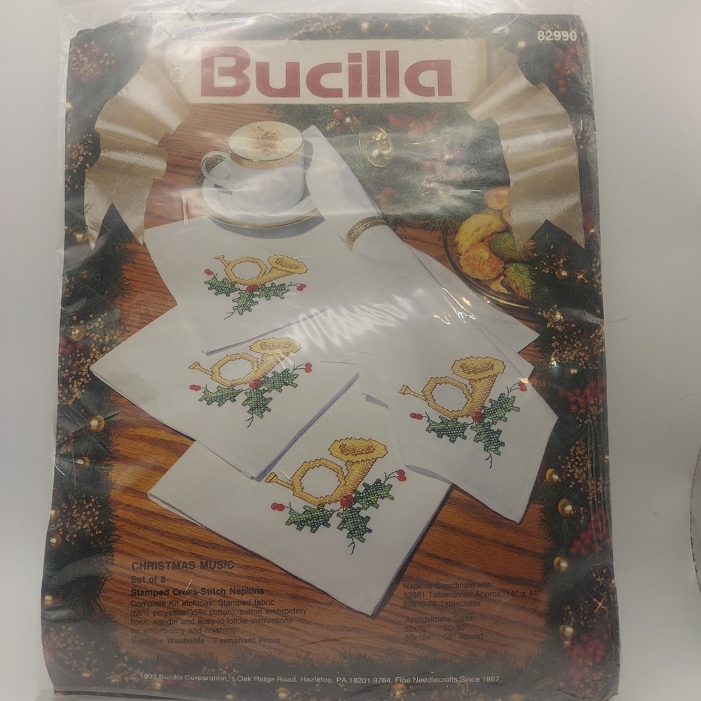 Bucilla Christmas Music Stamped Cross Stitch Napkins Set of 8 Vintage‎ 1992